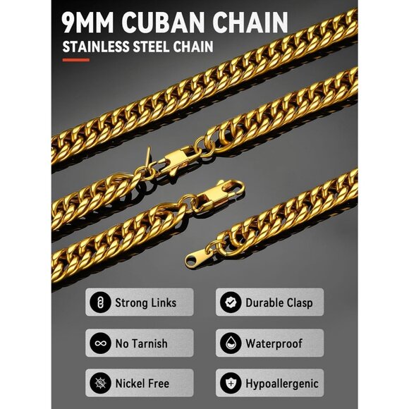 Men's 9mm Gold Miami Cuban Stainless Steel 14K Gold Plated Chain Necklaces - Picture 3 of 7